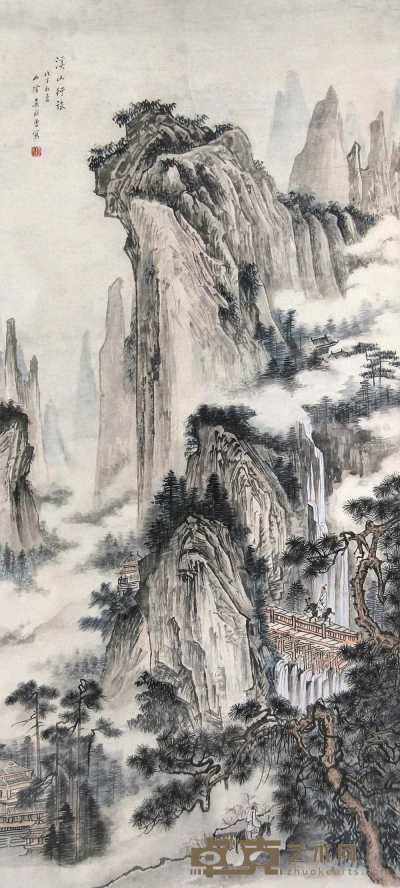 吴镜汀 戊子（1948年）作 溪山行旅 立轴 113×19cm